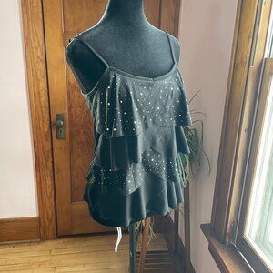 Y2K Vanity Rhinestone Ruffle Cami M Black Club Glam Mobwife Tiered Flowy Top
